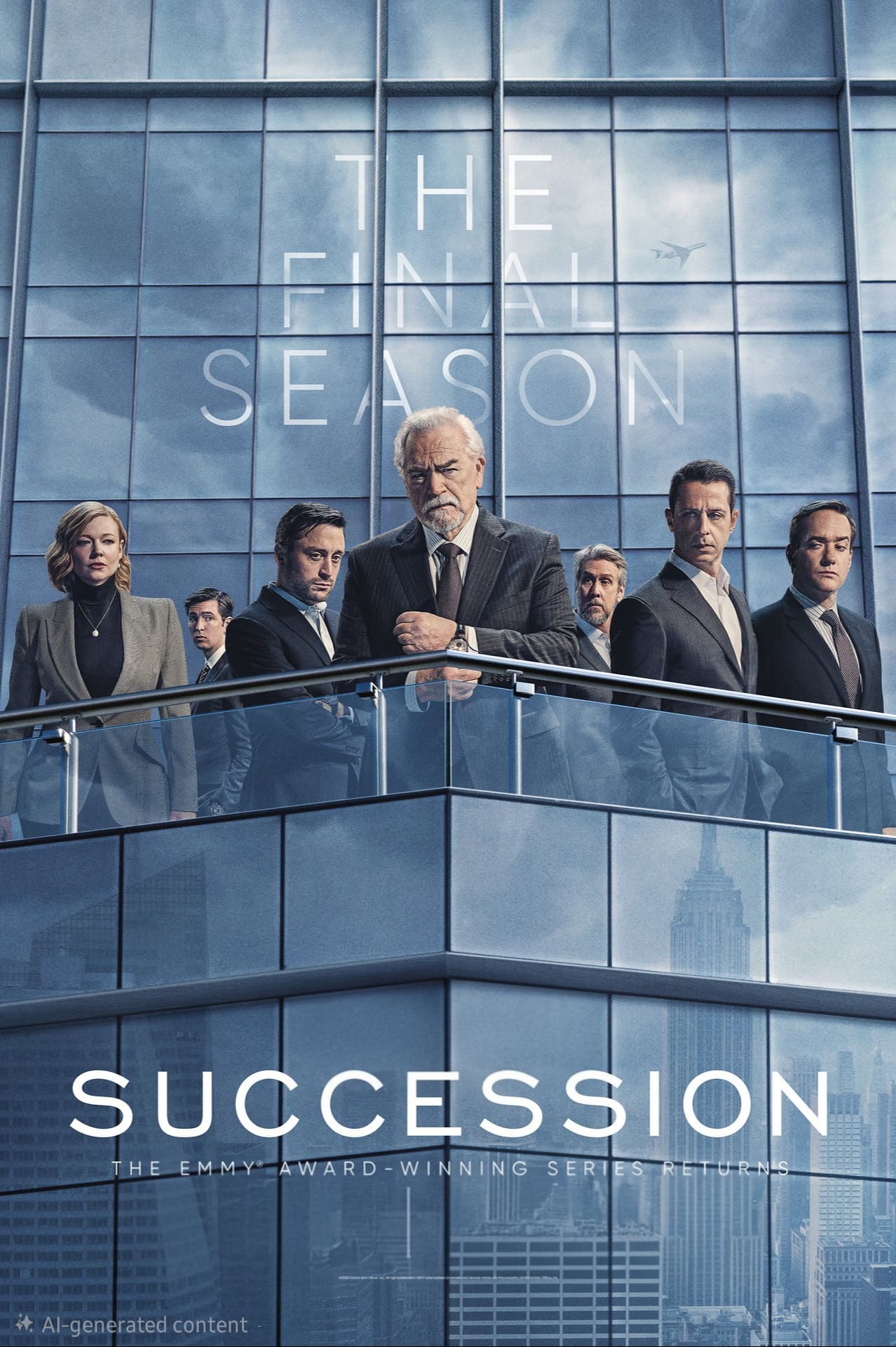 Seven serious adults in formal clothes stand on a glass balcony against a modern building. Text reads, The Final Season. Succession. The Emmy Award-Winning Series, now available to stream on Nordic IPTV. The city skyline is visible in the background.