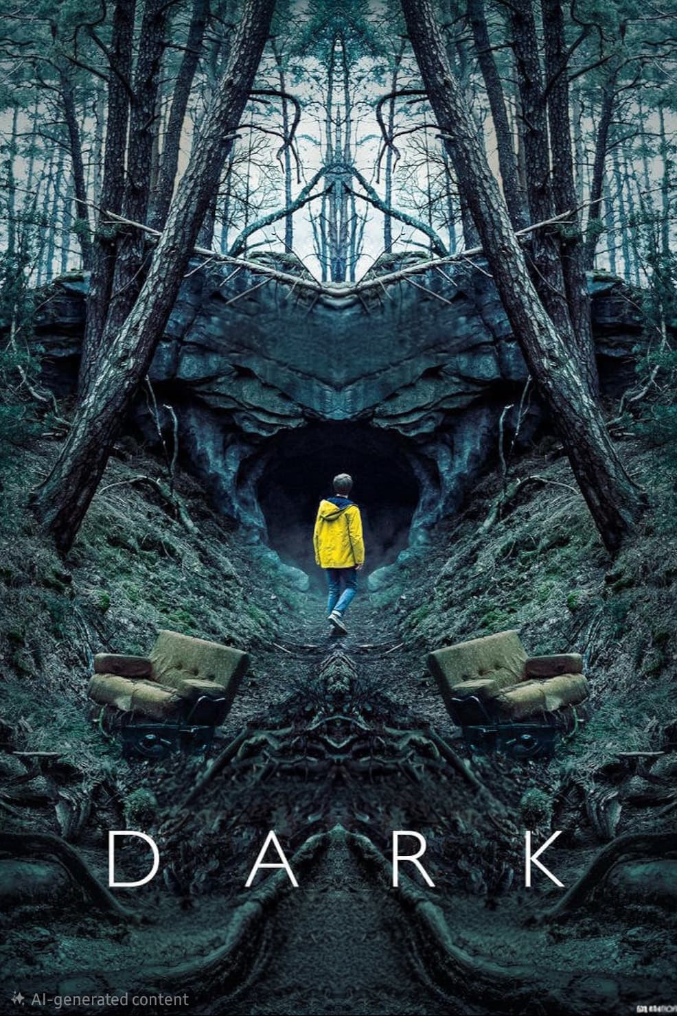 A person in a yellow raincoat stands before a dark cave in a dense, mirrored forest with two old chairs in the foreground. The word DARK appears at the bottom, subtly hinting at an atmosphere as enigmatic and captivating as a Nordic IPTV thriller.