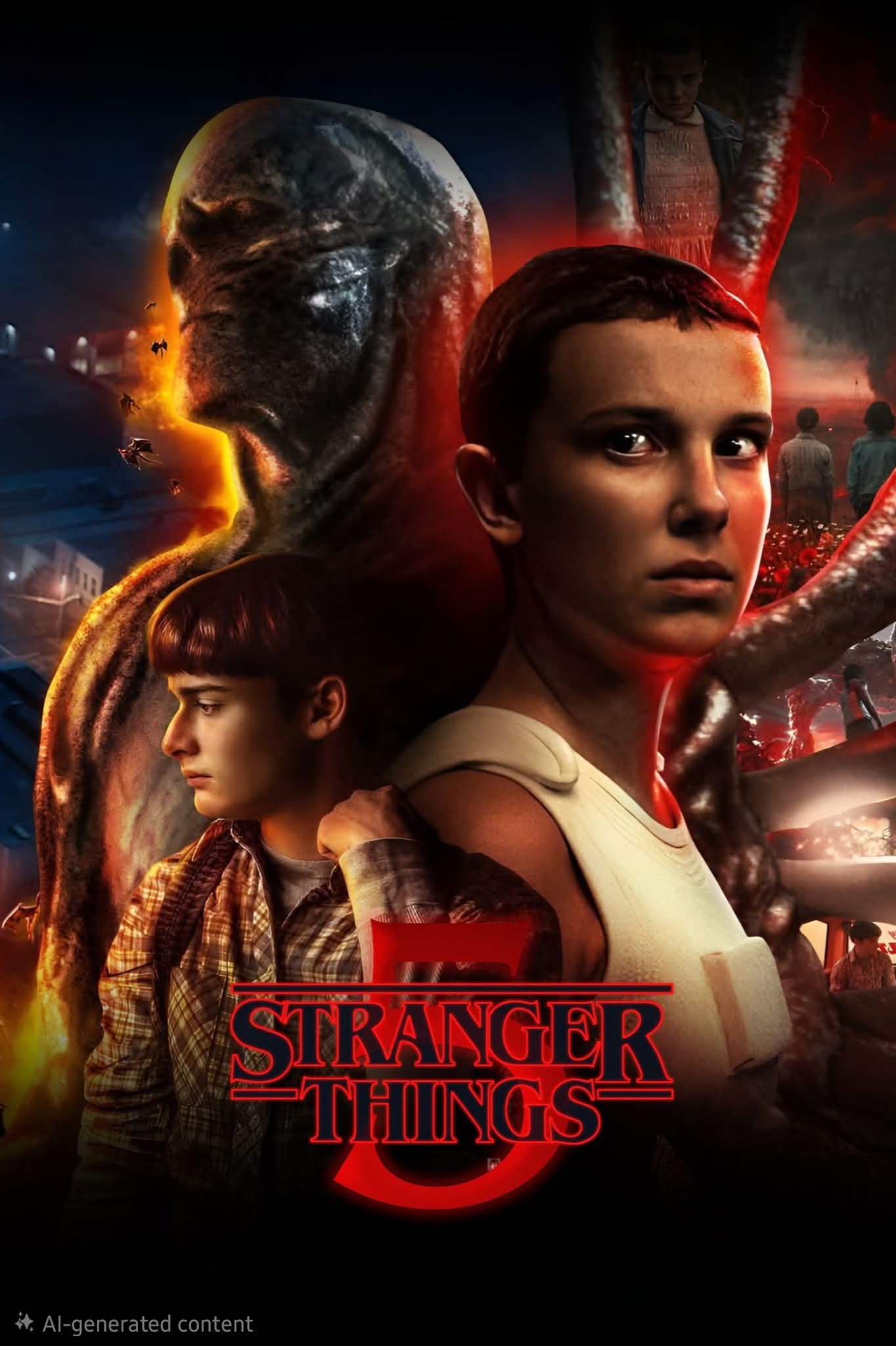 Poster for Stranger Things featuring a girl with short hair in the foreground, a boy with a backpack, a monstrous figure, red tendrils, and scenes from the show in the background. The show’s title appears at the bottom—an iconic image perfect for any fan or as cover art on your favorite Nordic IPTV platform.