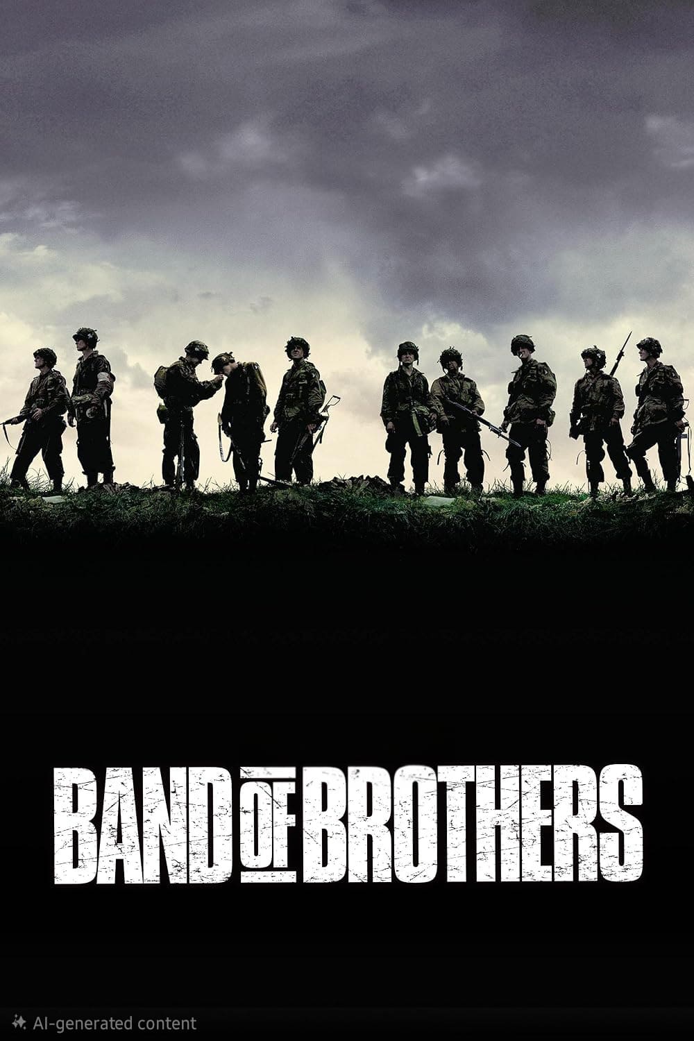 Silhouetted soldiers stand in a line on grassy ground under a cloudy sky, with Band of Brothers in bold white letters below them, evoking the kind of epic storytelling perfect for streaming on Nordic IPTV.