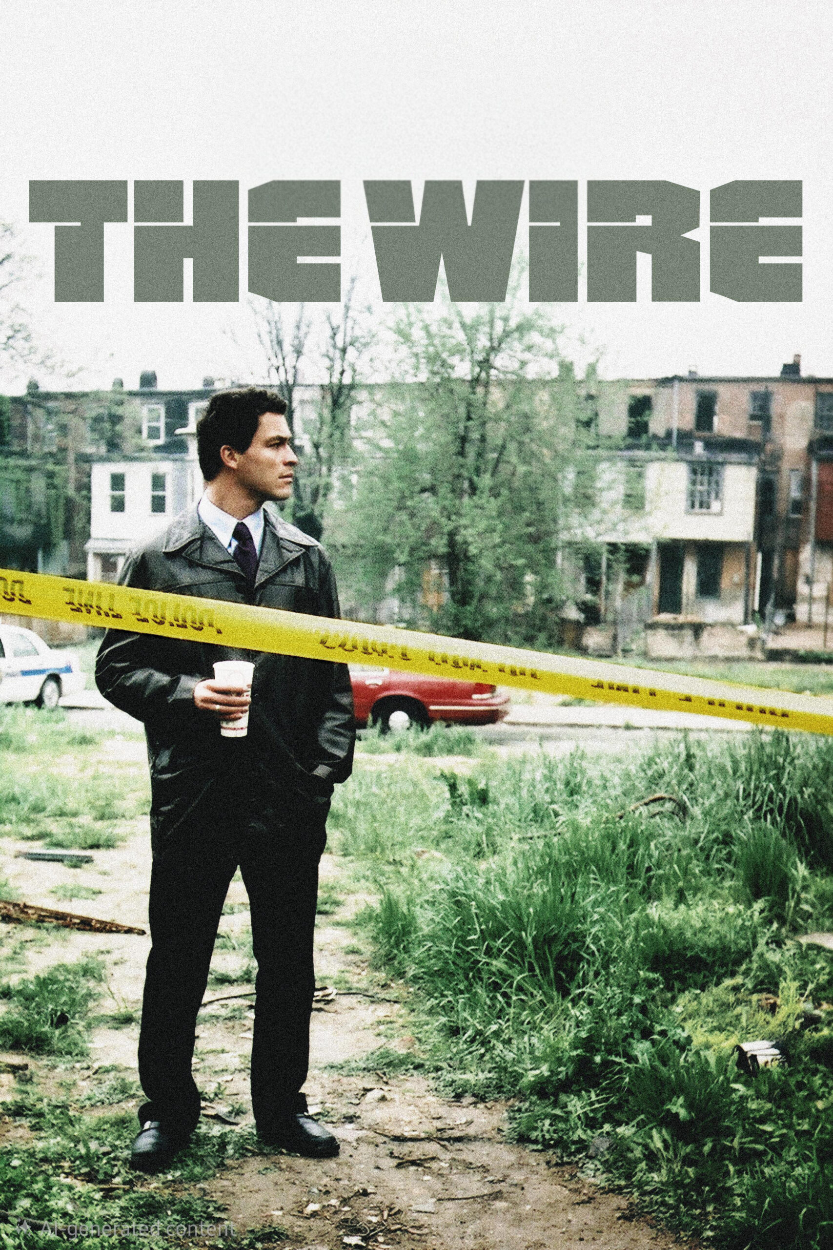 A man in a suit holding a coffee stands behind yellow caution tape in an overgrown urban lot, reminiscent of gritty crime dramas like THE WIRE, displayed in bold letters above. Run-down buildings and a red car are visible in the background, while subtle hints of Nordic IPTV intrigue weave through the scene.