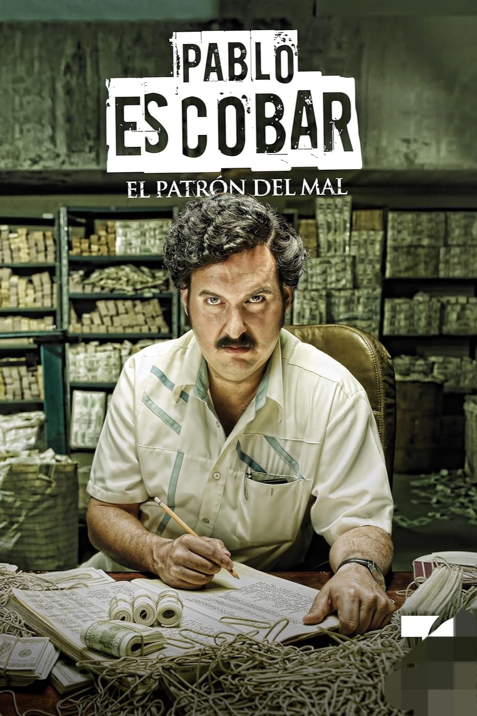 A man with a mustache sits at a desk covered in papers and money rolls, with stacks of money behind him. The text above reads Pablo Escobar: El Patrón del Mal, now available to stream on Nordic IPTV.