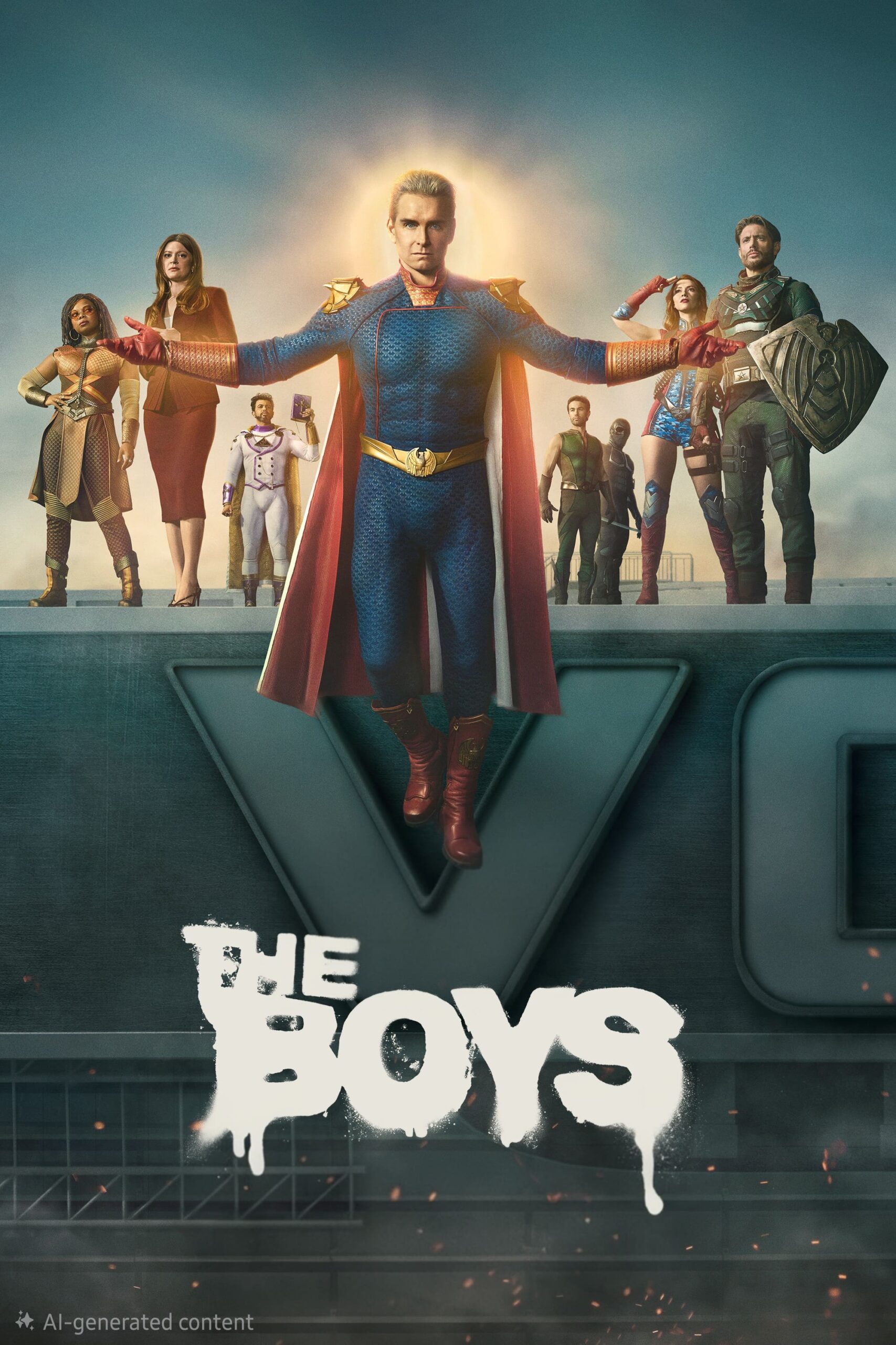 A group of superheroes in colorful costumes stand on a rooftop, with one figure floating in front. The show’s title, The Boys, is displayed in bold white text at the bottom, reminiscent of scenes you might stream through Nordic IPTV.