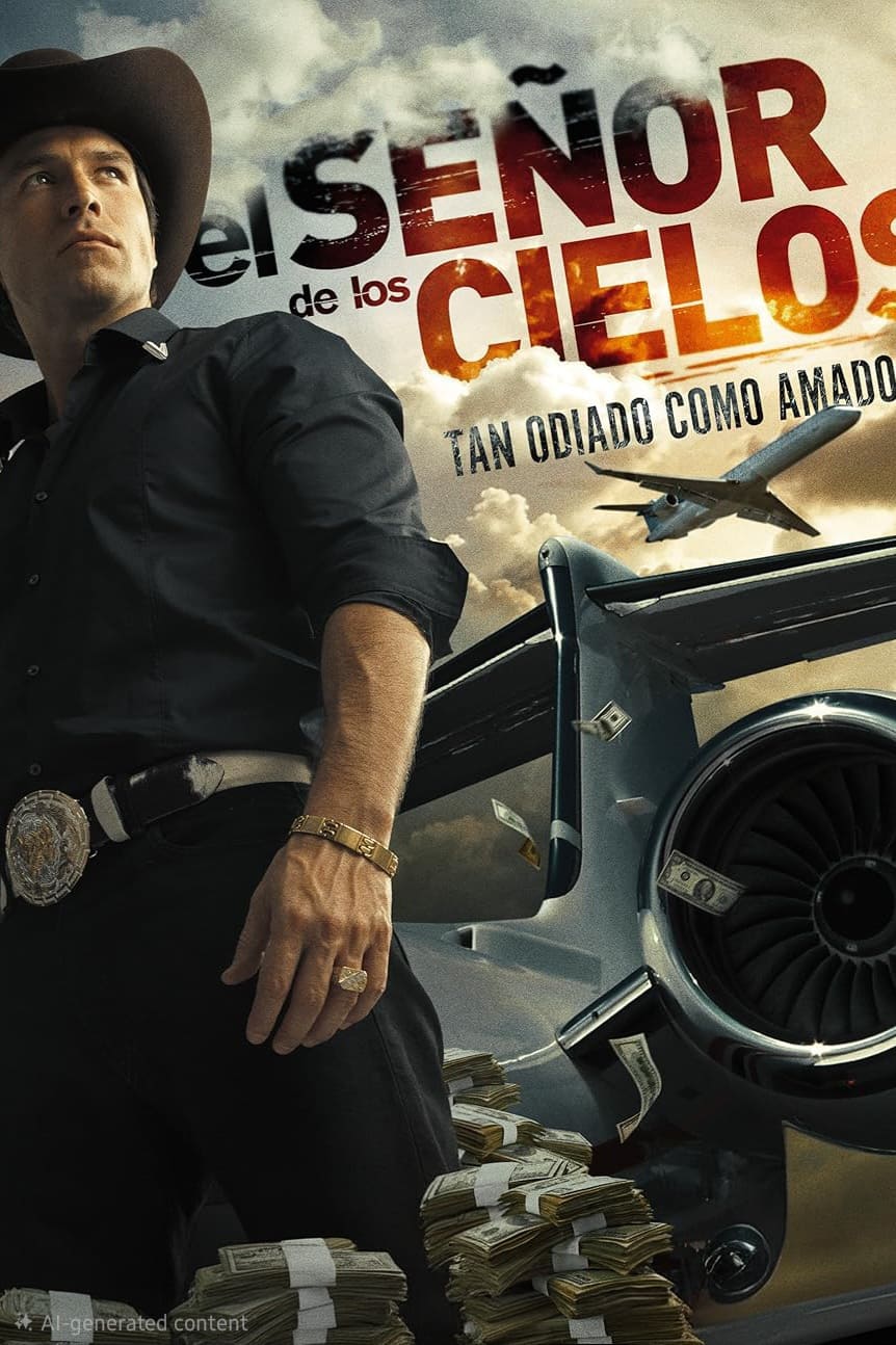 A man in a cowboy hat stands by a jet engine, with piles of money nearby and airplanes flying overhead—a scene as dramatic as any Nordic IPTV series. The text reads El Señor de los Cielos: Tan odiado como amado. Clouds fill the sky in the background.