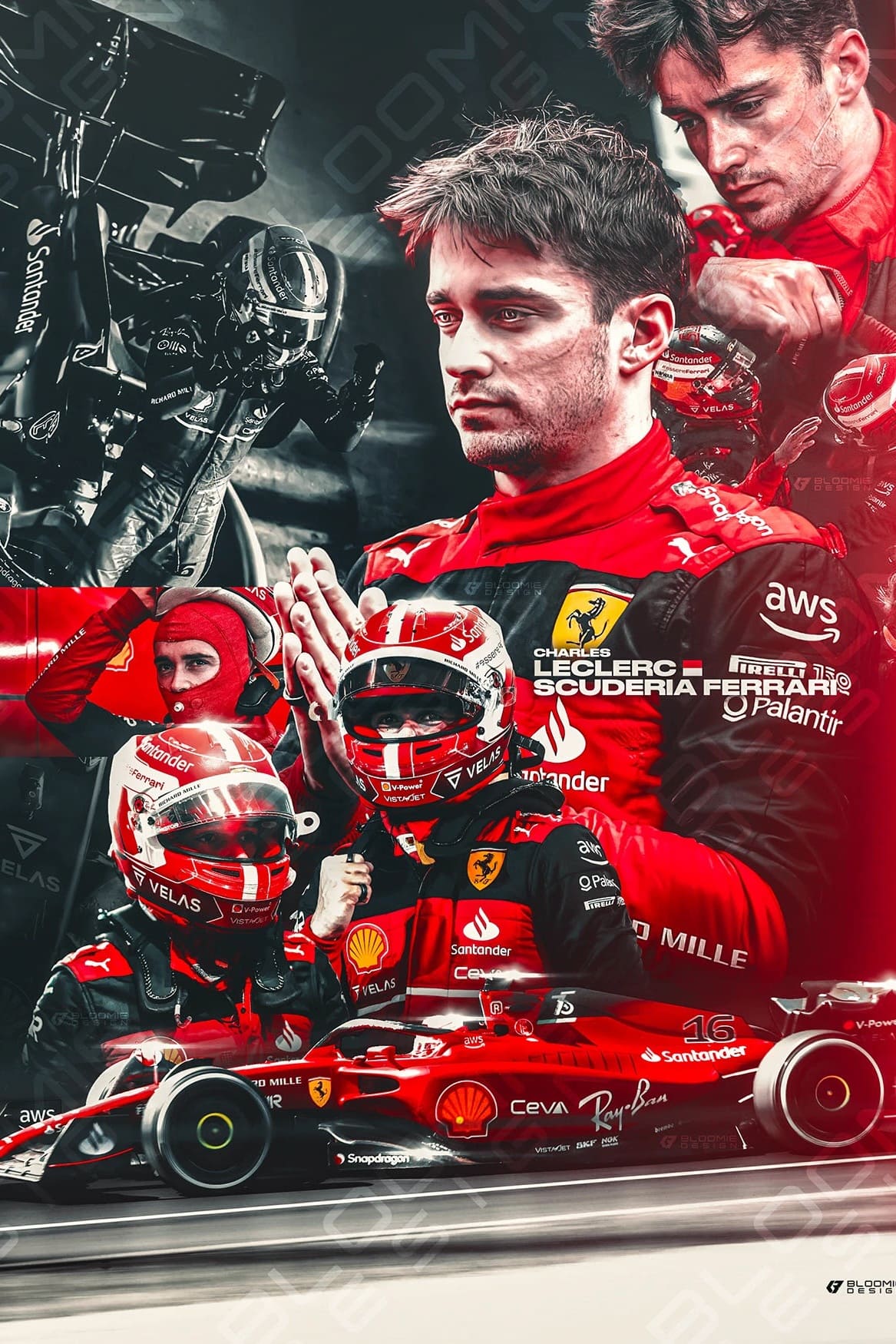 A collage of a Formula 1 Ferrari driver in a red suit and helmet, racing, interacting with team members, and standing with a serious expression. The Ferrari car and team logos are visible throughout the image, capturing moments that motorsport fans can now relive through Nordic IPTV streaming services.
