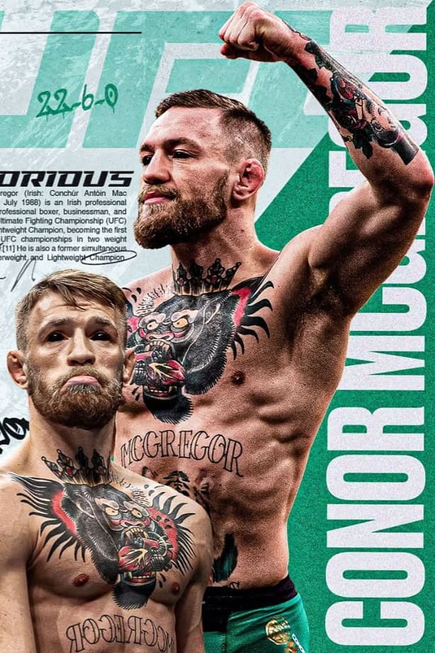 Two muscular, tattooed men pose in front of a teal UFC-branded background. One raises his fist in victory, while the other stands calmly. Large CONOR MCGREGOR text is visible along the right side, highlighting an event that fans can catch live on Nordic IPTV.