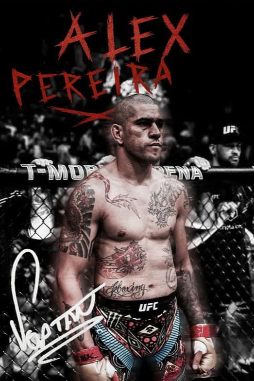 A muscular, tattooed male UFC fighter stands in the octagon with Alex Pereira written in red above him. The background shows fans and T-MOBILE ARENA, capturing the electrifying atmosphere broadcasted live on Nordic IPTV. A white autograph is in the lower left corner.