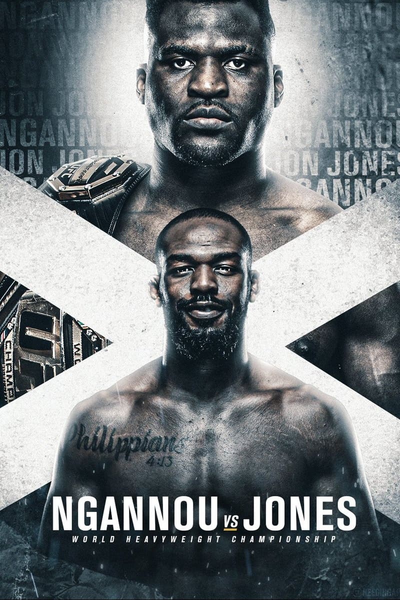 Poster of two male MMA fighters, one holding a championship belt. Text reads: Ngannou vs Jones - World Heavyweight Championship. The background features an X design. Catch every moment live with Nordic IPTV.