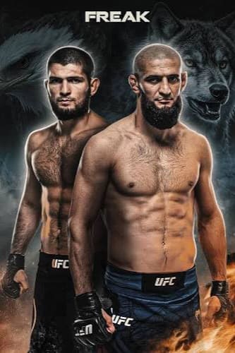 Two muscular male UFC fighters stand side by side, shirtless with fists clenched, against a dark background featuring an eagle and a wolf. Above their heads, the word FREAK appears boldly, while subtle Nordic IPTV graphics blend seamlessly into the scene, adding a modern edge to the intense atmosphere.
