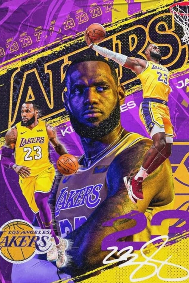 A vibrant collage of a Los Angeles Lakers basketball player wearing jersey number 23 in action poses, set against a purple and gold background with Lakers and 23 prominently displayed—perfect for fans streaming the excitement on Nordic IPTV.