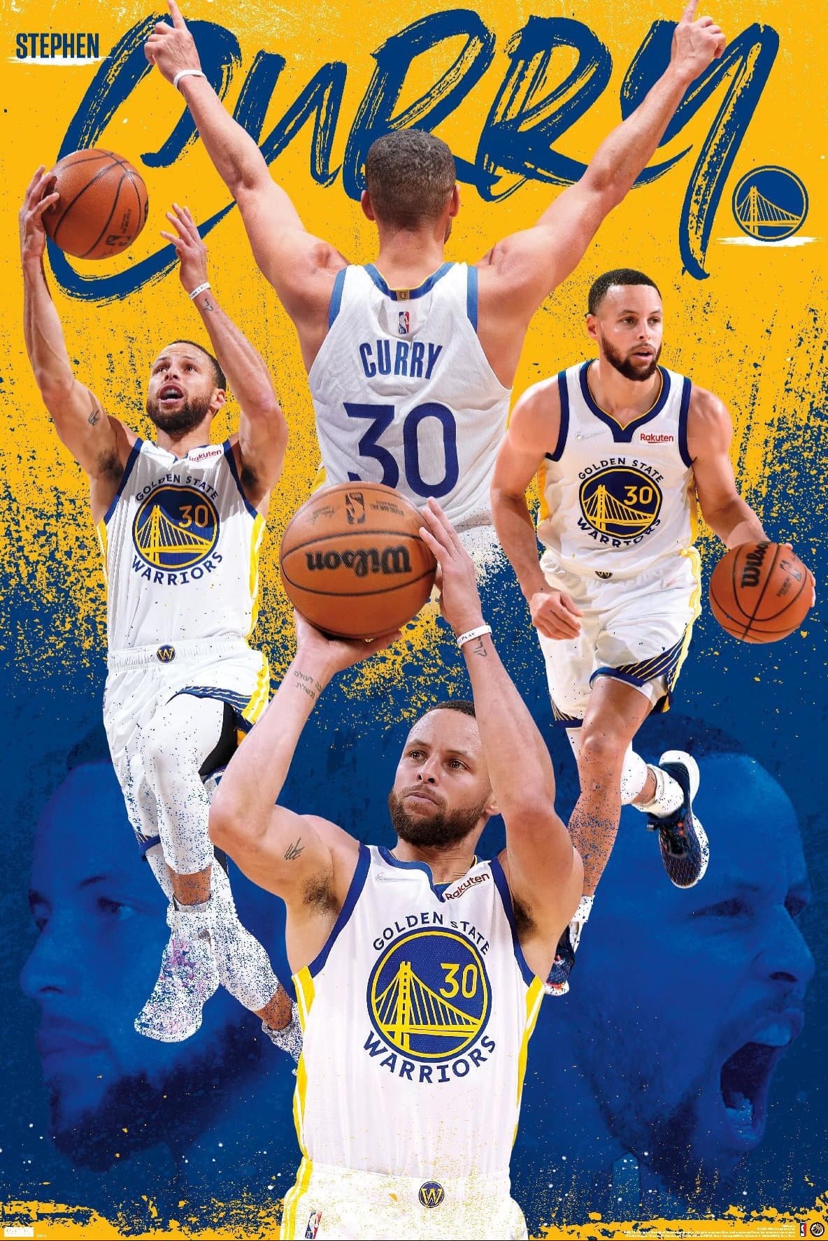 Collage of a basketball player in a Golden State Warriors uniform, performing various actions like shooting and dribbling, with a bold blue and yellow background and the name Curry featured prominently at the top—a dynamic image perfect for fans streaming NBA games on Nordic IPTV.