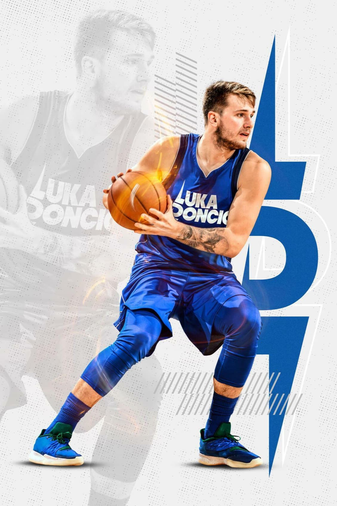 A basketball player in a blue uniform holding a basketball, preparing to pass, with dynamic graphic elements and a faded action image of himself in the background—capturing the fast-paced energy much like streaming your favorite games live on Nordic IPTV.
