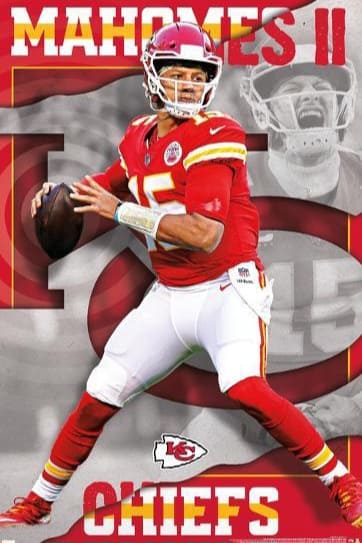 Kansas City Chiefs quarterback in red uniform holding a football, ready to throw. Background features the words MAHOMES II and CHIEFS in bold letters with team logo and faded images behind, capturing the excitement streaming live games via Nordic IPTV.