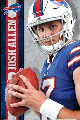 A football player in a blue Buffalo Bills jersey and helmet holds a football. JOSH ALLEN and the Bills logo appear on a vertical stripe beside him, making it a must-see moment for fans streaming the action live on Nordic IPTV.