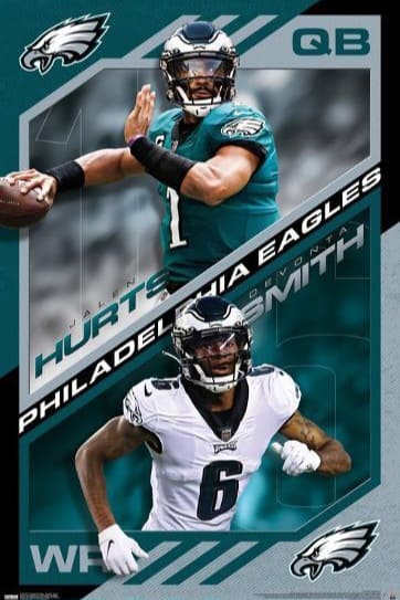 Poster featuring two Philadelphia Eagles players: a quarterback in green mid-throw at the top, and a wide receiver in white below holding a football. Team logos and player names are displayed, capturing the excitement fans can experience watching live games on Nordic IPTV.