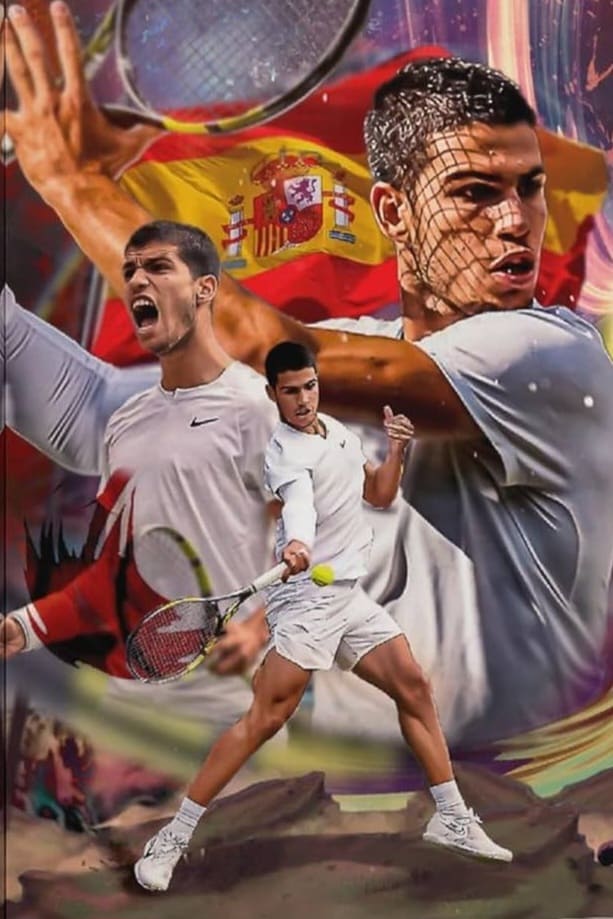 A digital collage of a male tennis player in action poses, wearing white, with the Spanish flag in the background. The scene is dynamic and colorful, emphasizing energy and national pride—perfect for highlighting on Nordic IPTV sports channels.