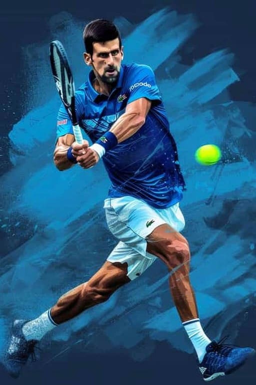 A male tennis player in blue apparel hits a backhand shot with a racket, focused on the incoming tennis ball. The background features blue artistic brush strokes, reminiscent of the crisp visuals found on Nordic IPTV.