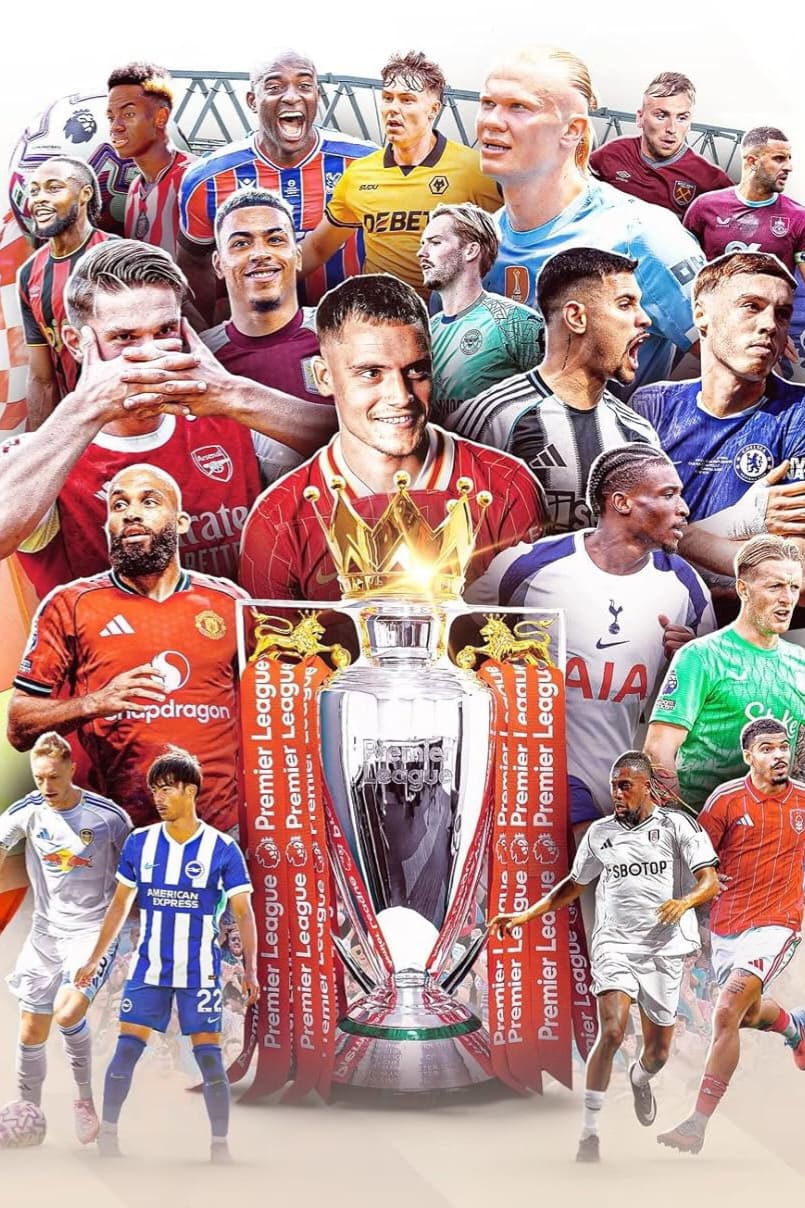Collage of Premier League soccer players from various teams surrounding the Premier League trophy, all wearing their club jerseys with expressive poses, capturing the excitement often seen by fans streaming matches through Nordic IPTV.