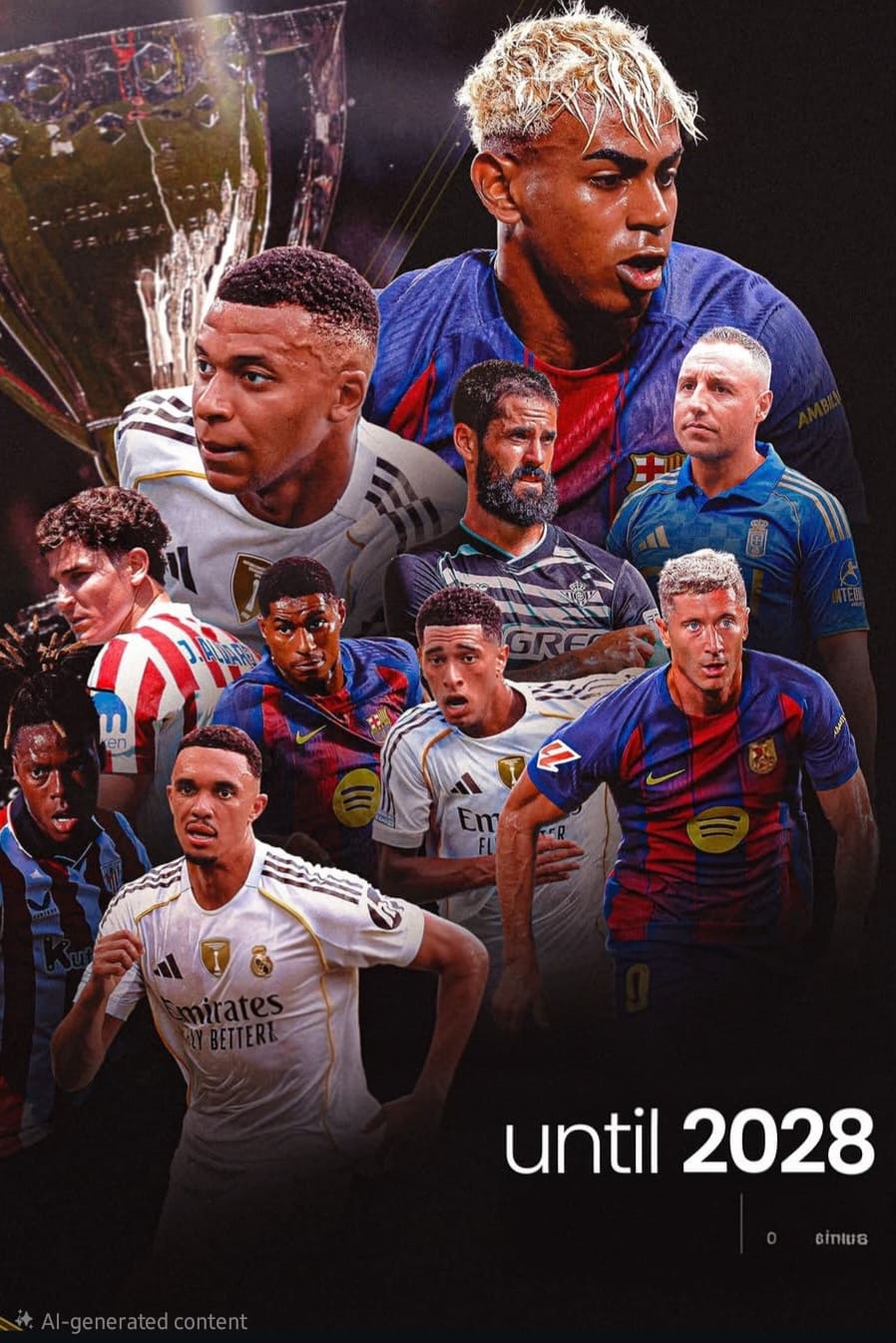 A collage of soccer players from various teams, including some in white and blue-red jerseys, is set against a trophy background with the text “until 2028” at the bottom, capturing the spirit of international competitions often streamed on Nordic IPTV platforms.