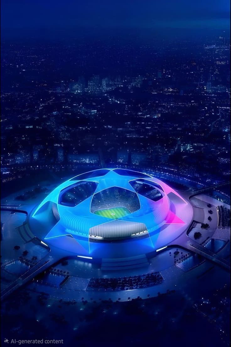 A large stadium at night is illuminated with colorful blue and pink lights in the shape of a star, surrounded by a vibrant cityscape. The field inside the stadium glows green, creating a spectacular scene reminiscent of major Nordic IPTV sporting events broadcast across the region.
