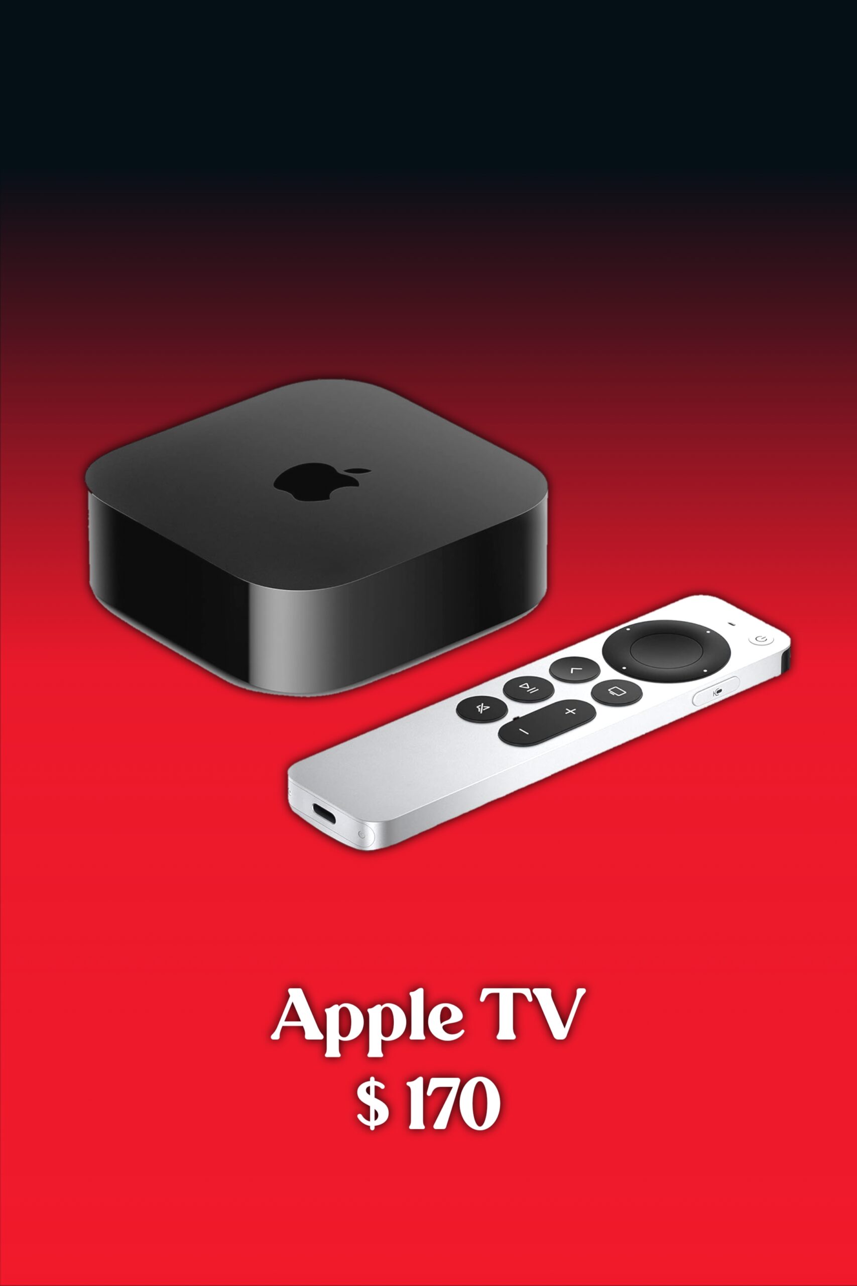 Black Apple TV box and remote on a red gradient background, with white text below reading Apple TV $170, perfect for streaming your favorite shows and exploring Nordic IPTV channels.