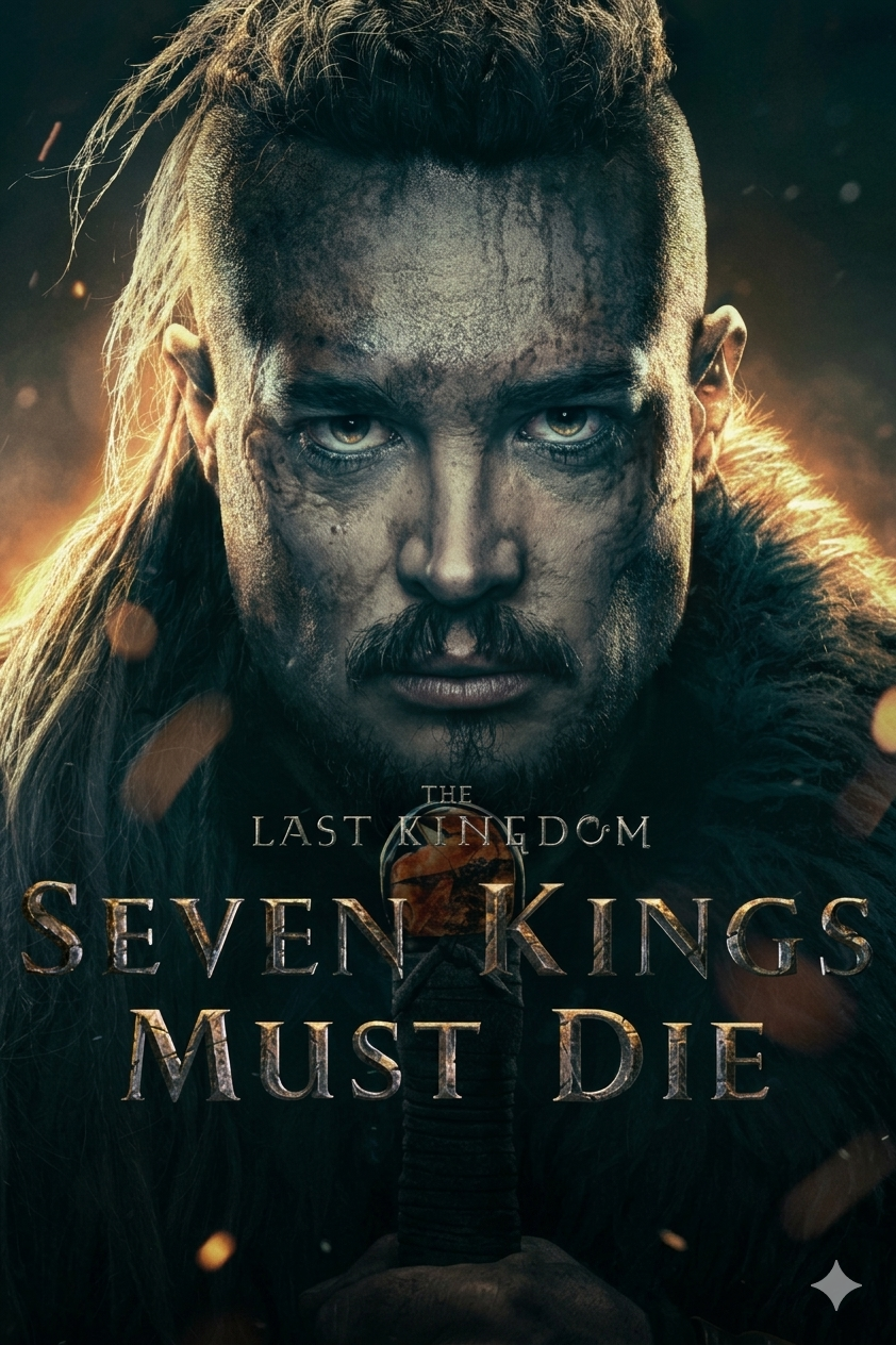 A fierce, battle-worn man with long hair and fur clothing stares intensely. The text reads The Last Kingdom: Seven Kings Must Die. Against a dark background with a fiery glow illuminating his face, the atmosphere evokes the raw energy of Nordic IPTV sagas brought to life.