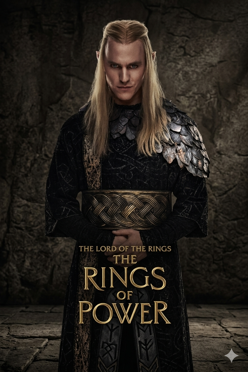 A serious elf with long blond hair and pointed ears stands in dark, ornate armor with silver details. He clasps his hands and faces forward, exuding an air of quiet strength. Text reads: The Lord of the Rings: The Rings of Power—now available to stream on Nordic IPTV.