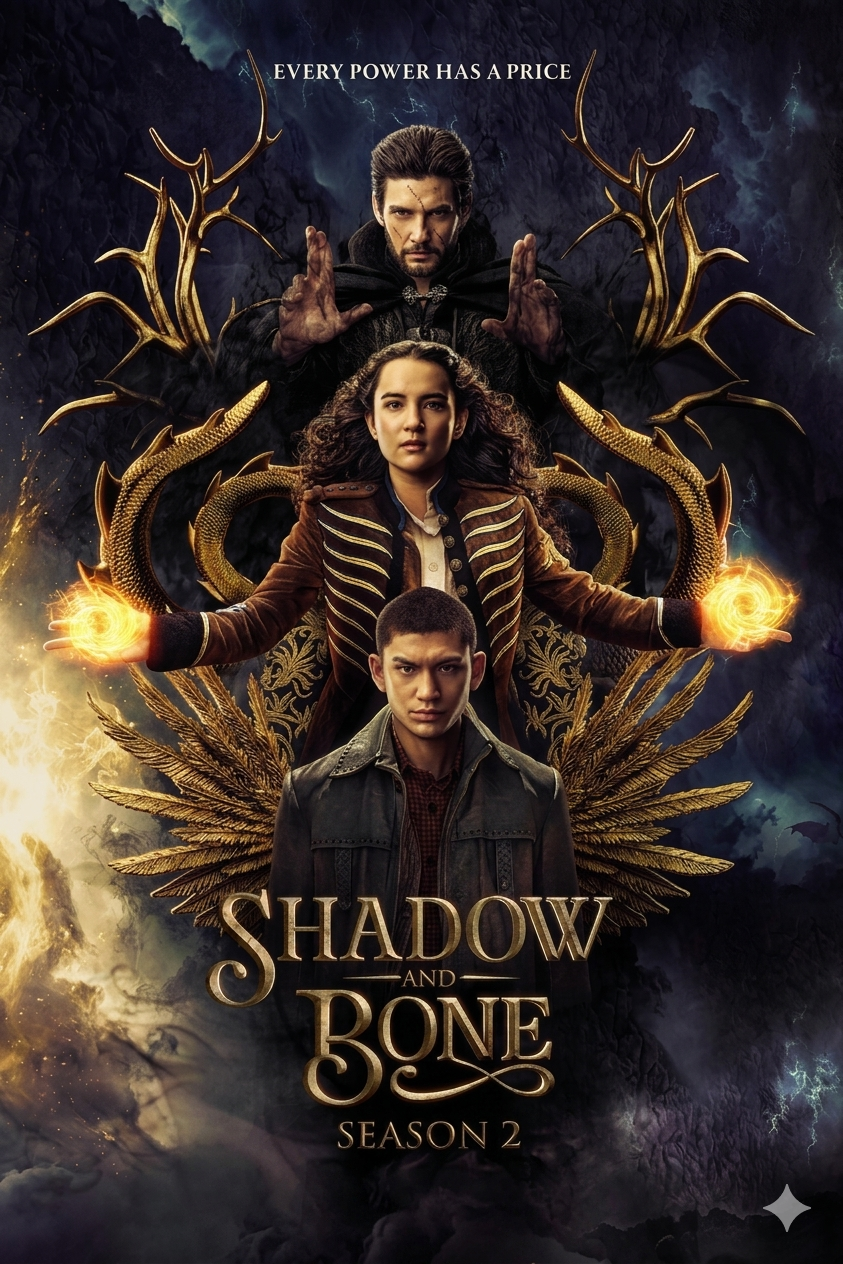 Three characters stand in front of a dark, mystical background; the top man has raised hands, the woman below holds glowing orbs, and a boy stands at front. Experience Shadow and Bone Season 2 like never before with Nordic IPTV written at the bottom.