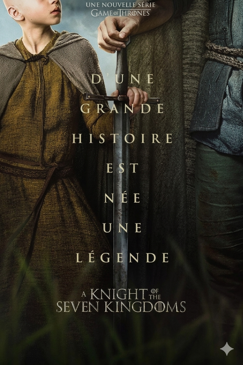 A child in a cloak stands beside a knight holding a sword. French text overlays, promoting A Knight of the Seven Kingdoms, a Game of Thrones series—now streaming via Nordic IPTV.
