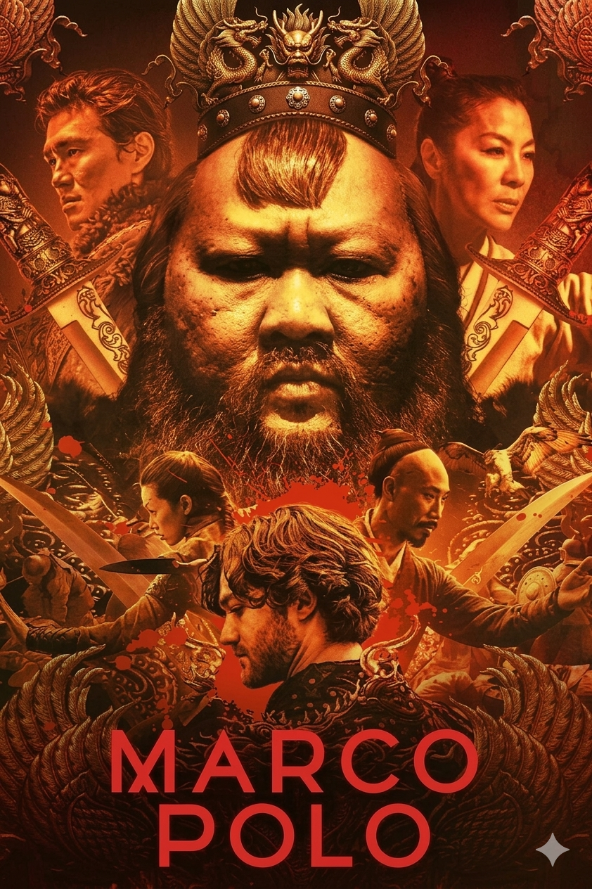 Poster for the series Marco Polo featuring a central figure with a crown, surrounded by other characters and dramatic red and gold tones. Streaming on Nordic IPTV, the title MARCO POLO is displayed at the bottom.