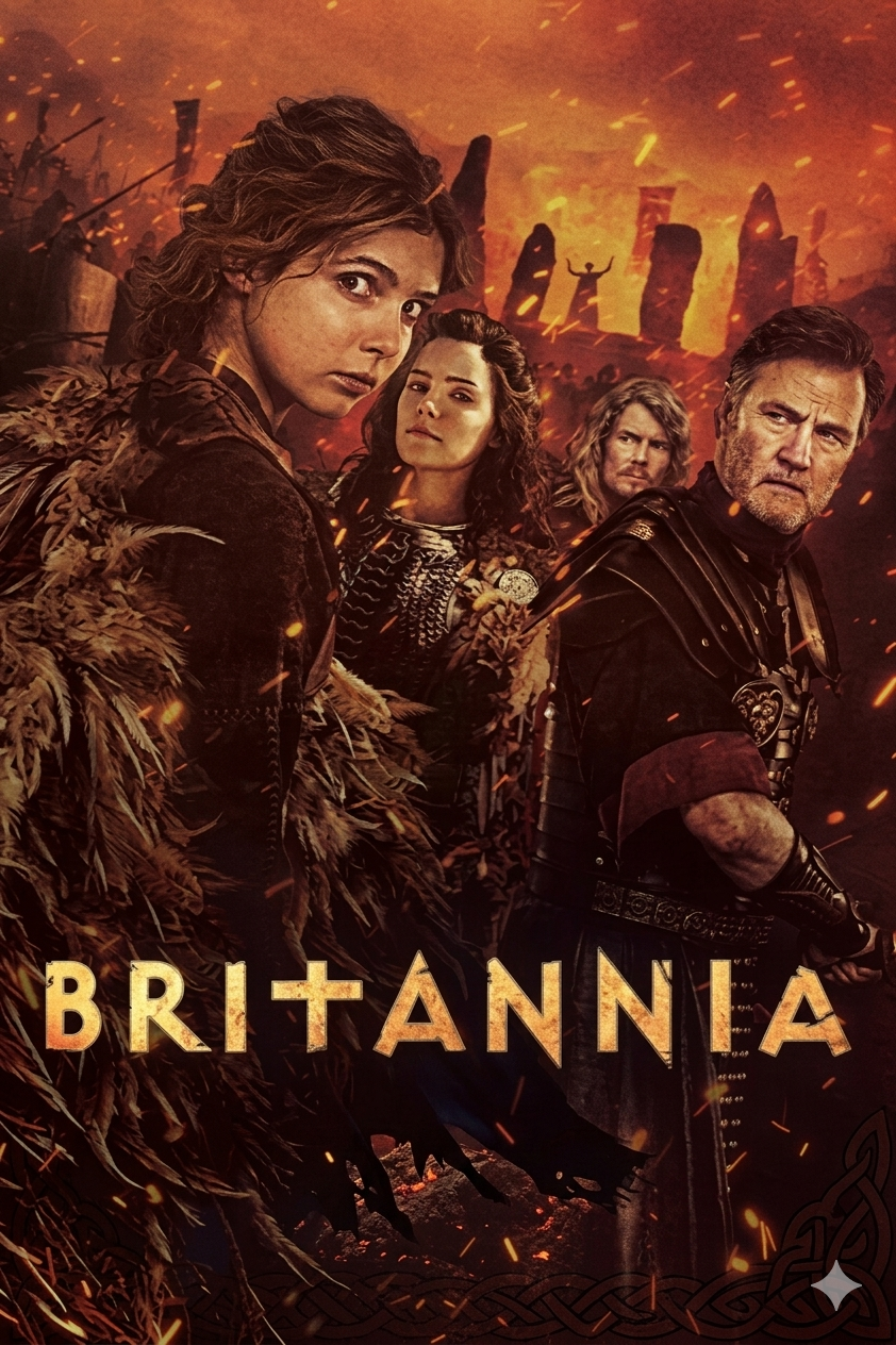 Four characters in ancient, fur-lined costumes stand amid burning ruins. The title Britannia is displayed in bold letters at the bottom, reminiscent of epic tales enjoyed through Nordic IPTV. The background features standing stones and an orange, fiery sky.