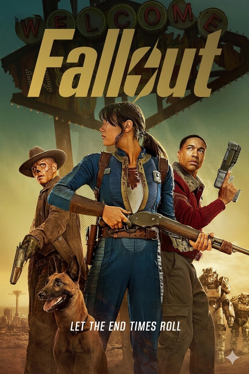 Three armed characters and a dog stand ready under a Fallout sign, with a ruined city and power armor in the background—evoking the gritty suspense of Nordic IPTV dramas. Text at the bottom reads, LET THE END TIMES ROLL.