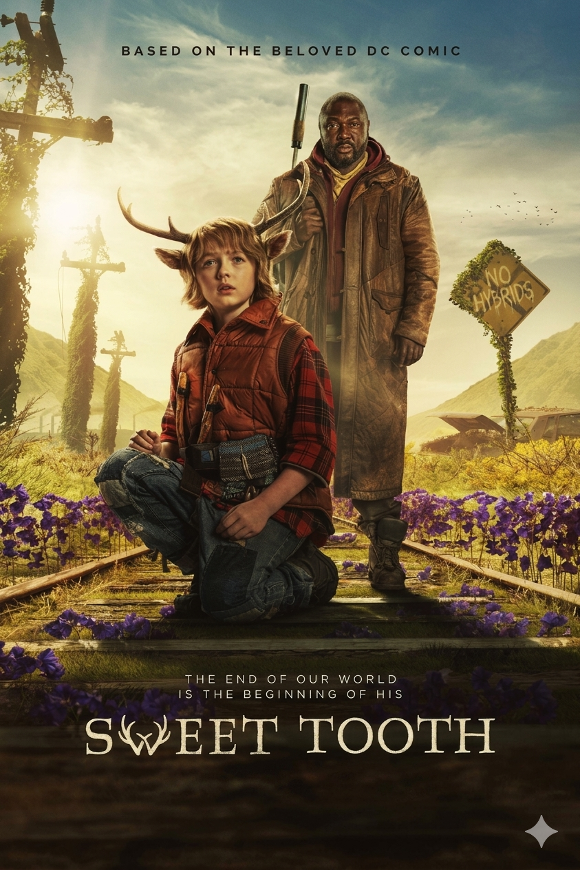 A boy with antlers sits on train tracks, holding a chocolate bar, with an adult standing behind him. Wildflowers grow around them, and a sign reads NO HYBRIDS. The text below says Sweet Tooth—a scene as intriguing and unique as discovering hidden gems on Nordic IPTV.