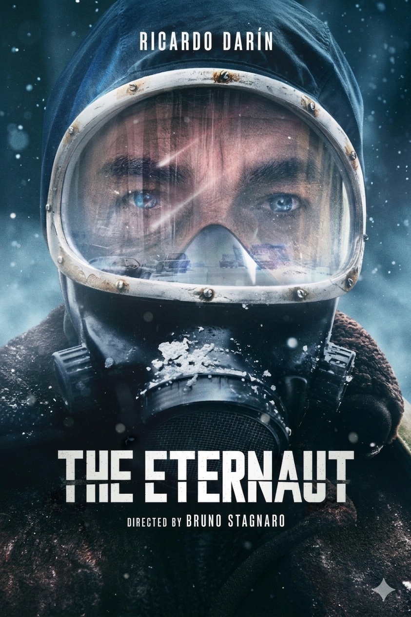 A man in winter gear and a fogged-up face mask stares ahead amid falling snow, evoking the stark isolation of a Nordic IPTV thriller. The text reads RICARDO DARÍN and THE ETERNAUT, directed by Bruno Stagnaro.