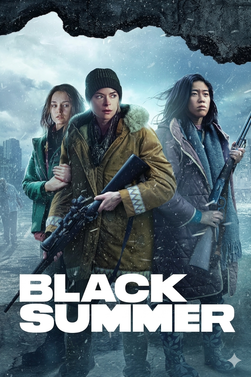 Three women in winter clothing stand holding rifles, looking alert in a snowy, post-apocalyptic urban setting reminiscent of a scene you might catch on Nordic IPTV. The words BLACK SUMMER are in bold white letters at the bottom.