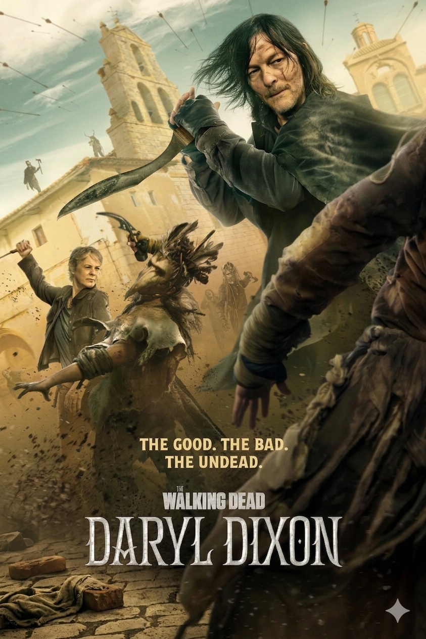 Two characters fight zombies in a ruined city. One wields a knife, the other a sword. Text reads: The Good. The Bad. The Undead. The Walking Dead: Daryl Dixon, now streaming on Nordic IPTV. Buildings and flying debris fill the background.