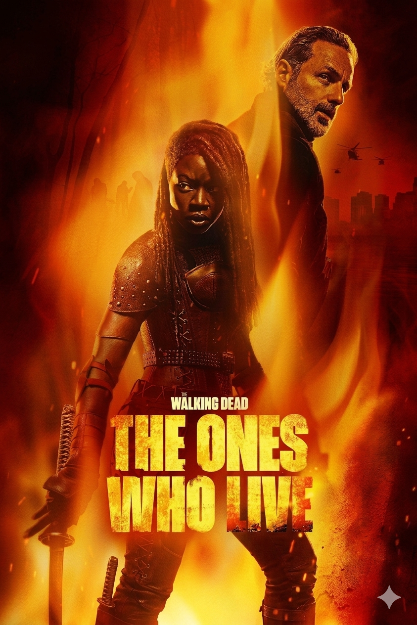 Two characters stand back to back among flames, both holding weapons, evoking the intense drama viewers can experience on platforms like Nordic IPTV. The title The Walking Dead: The Ones Who Live appears in bold yellow-orange letters at the bottom. Helicopters and a city skyline are in the background.