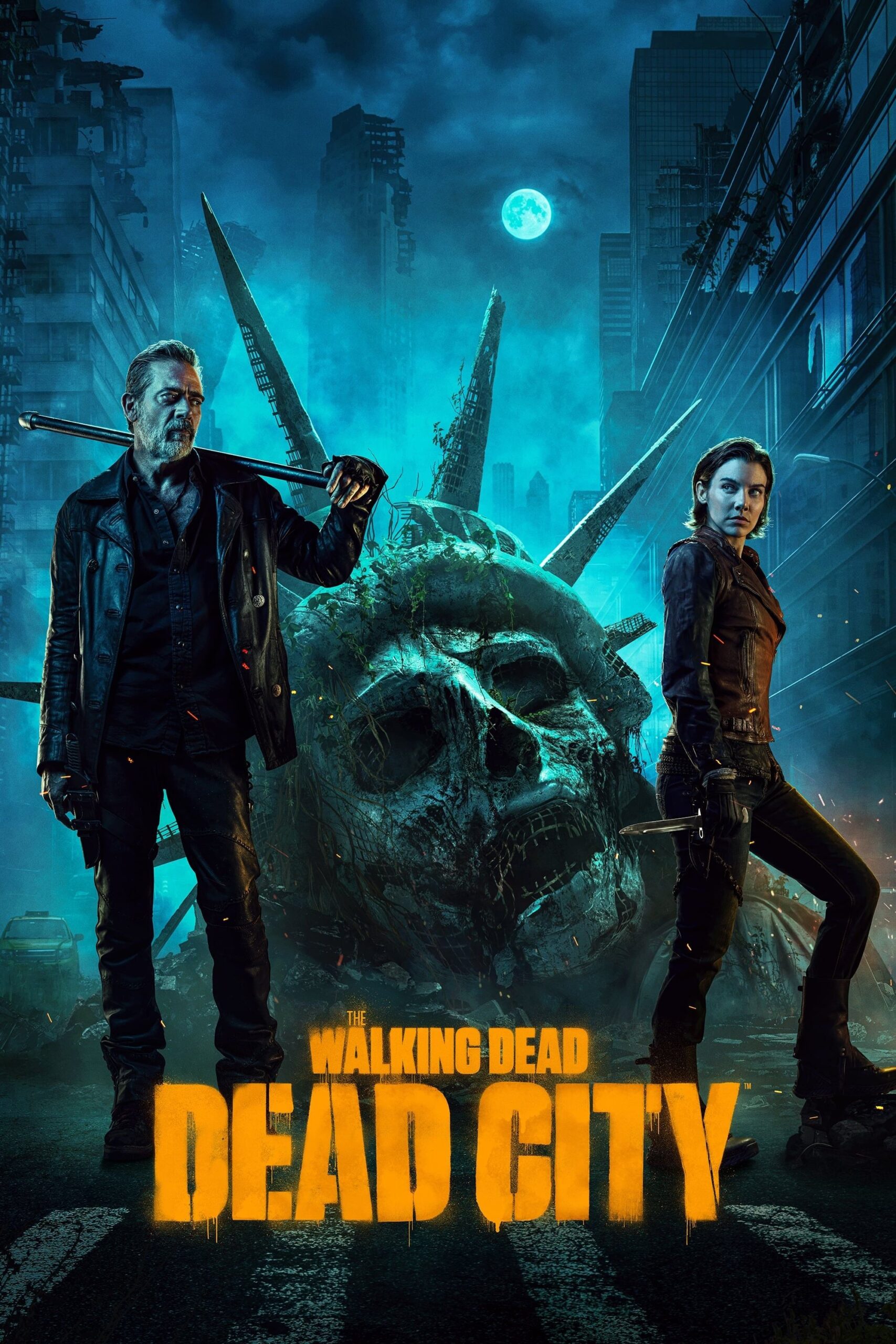 Two people stand on a deserted city street with a decayed Statue of Liberty head behind them, as if watching the aftermath unfold on Nordic IPTV. The title The Walking Dead: Dead City appears in bold yellow letters at the bottom. The scene is dark and eerie.