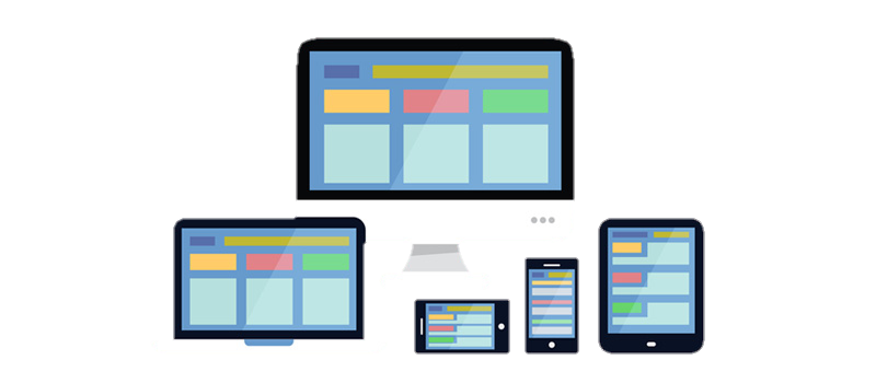 Illustration of a desktop, laptop, tablet, and two smartphones displaying similar colorful web layouts, representing responsive web design on multiple devices—perfect for seamless experiences like Nordic IPTV across all your screens.