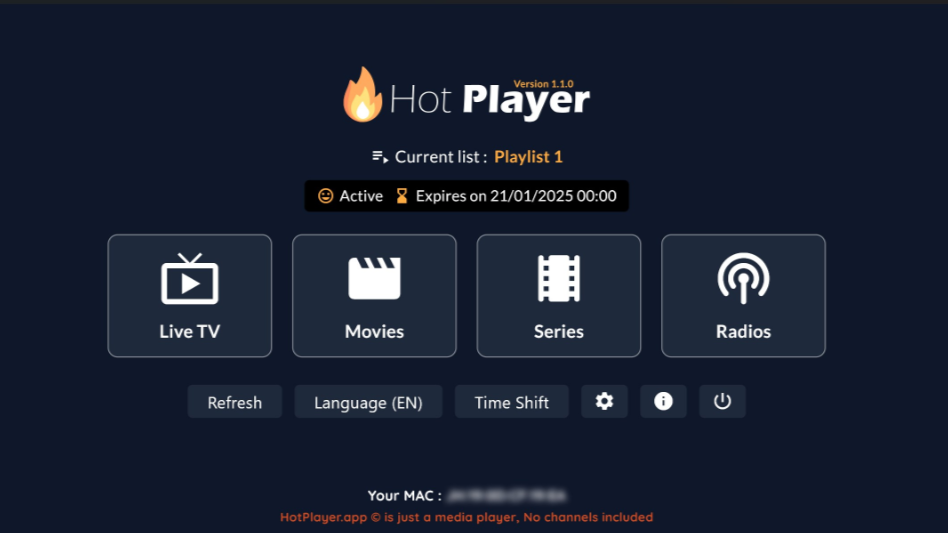 Screenshot of an IPTV Latino media player app interface showing options for Live TV, Movies, Series, and Radios. The current playlist is active and expires on 21/01/2025. The MAC address appears at the bottom.