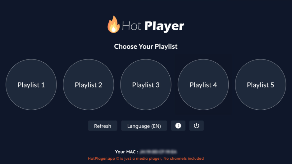 A dark-themed interface for Hot Player shows five circular playlist options labeled Playlist 1 to Playlist 5, perfect for accessing IPTV Latino content, with refresh, language selection, and power buttons below. A blurred MAC address appears at the bottom.