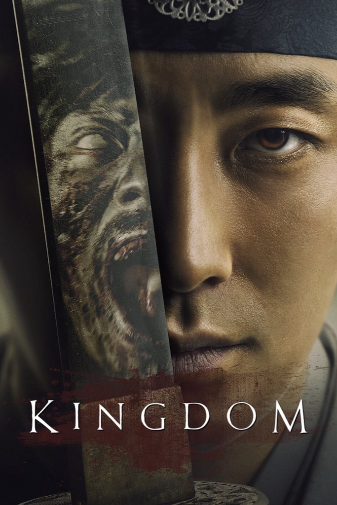 A man in traditional Korean attire holds a sword, reflecting the face of a snarling zombie. The word Kingdom appears at the bottom in white letters, reminiscent of an epic saga you might stream on Nordic IPTV.