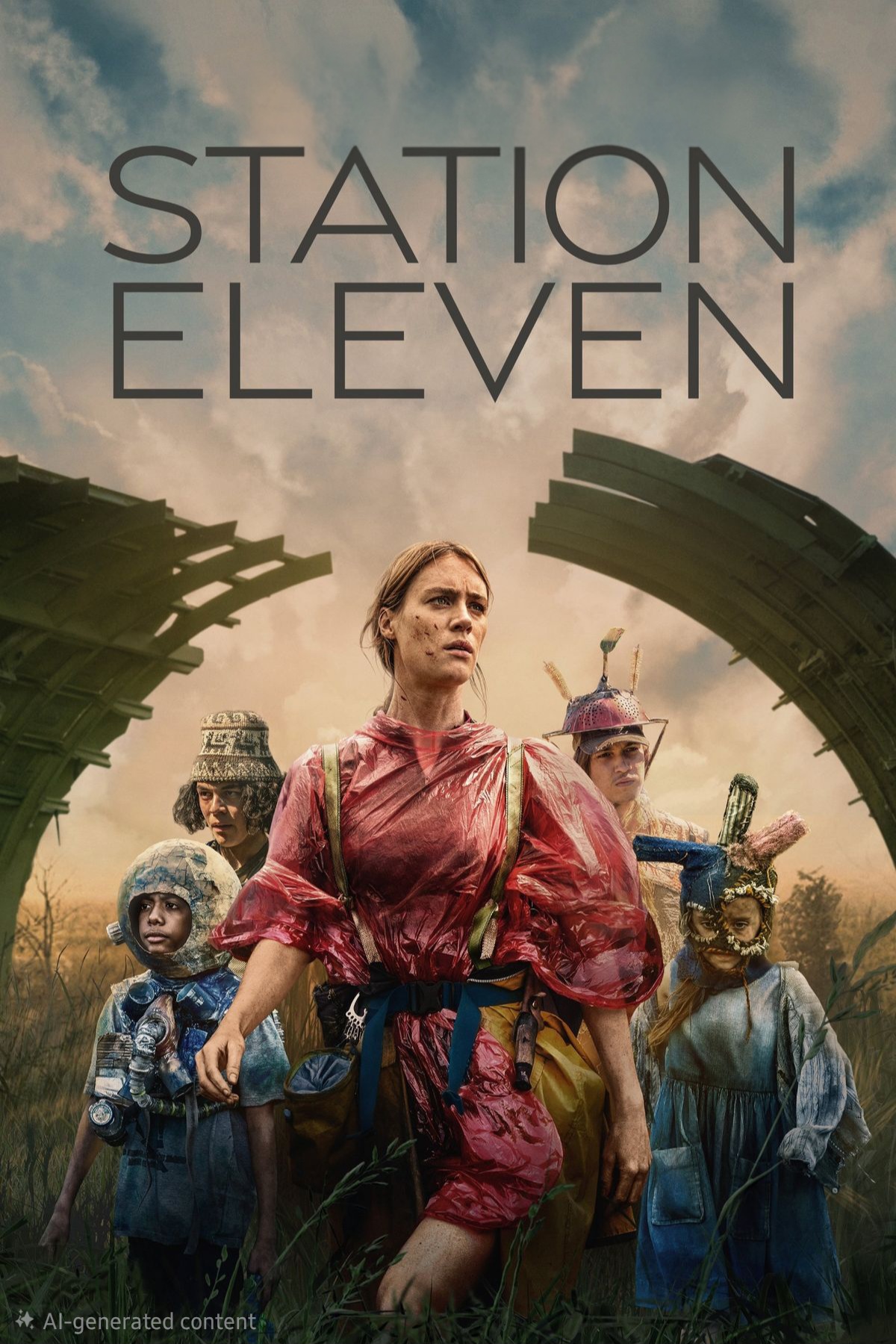 Five people in eclectic costumes stand in tall grass between two large, curved metal structures, with cloudy skies above and Station Eleven text at the top of the image, evoking a scene you might discover while streaming on Nordic IPTV.